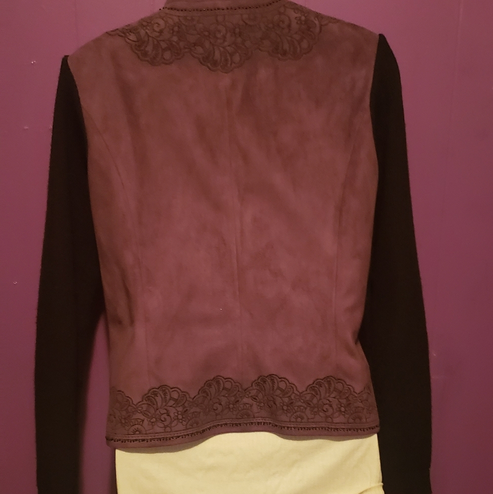 Coldwater Creek, purple faux suede jacket with black sweater sleeves, size S